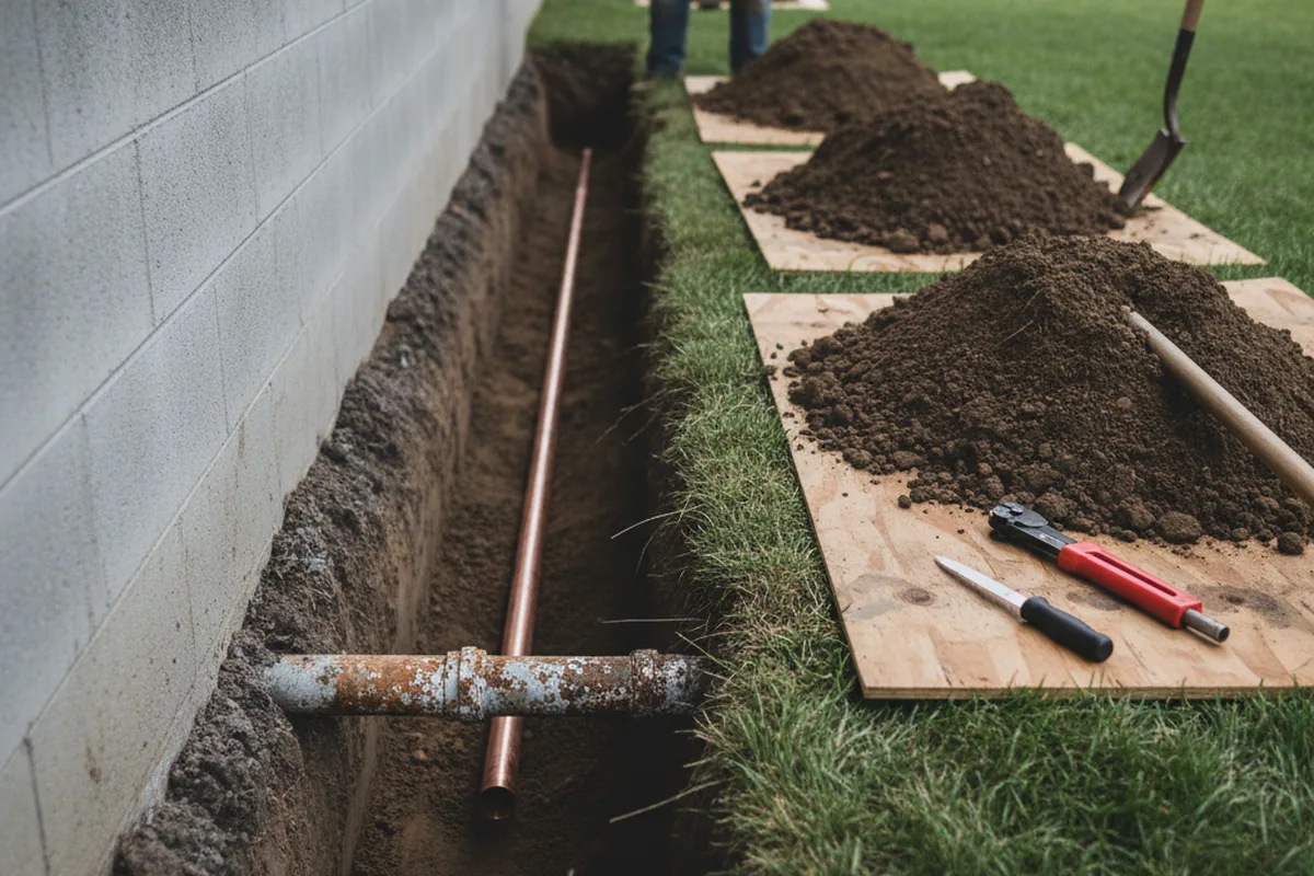 Excavated water line trench during Water Heater Repair in Grafton